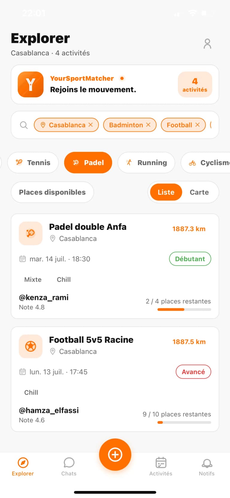 Liste des activités sportives proches dans l'application YourSportMatcher
