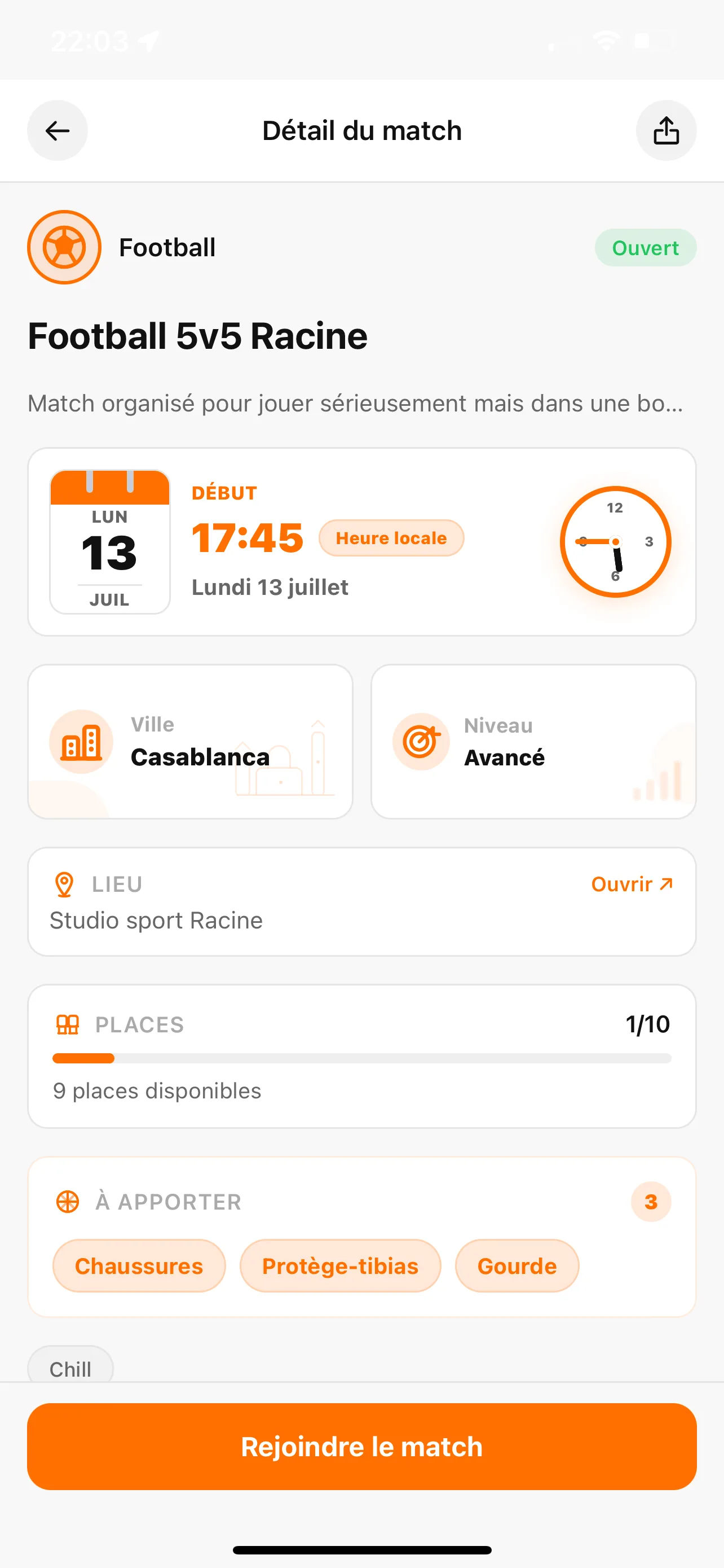 Détail d’un match avec les places, le lieu et les équipements
