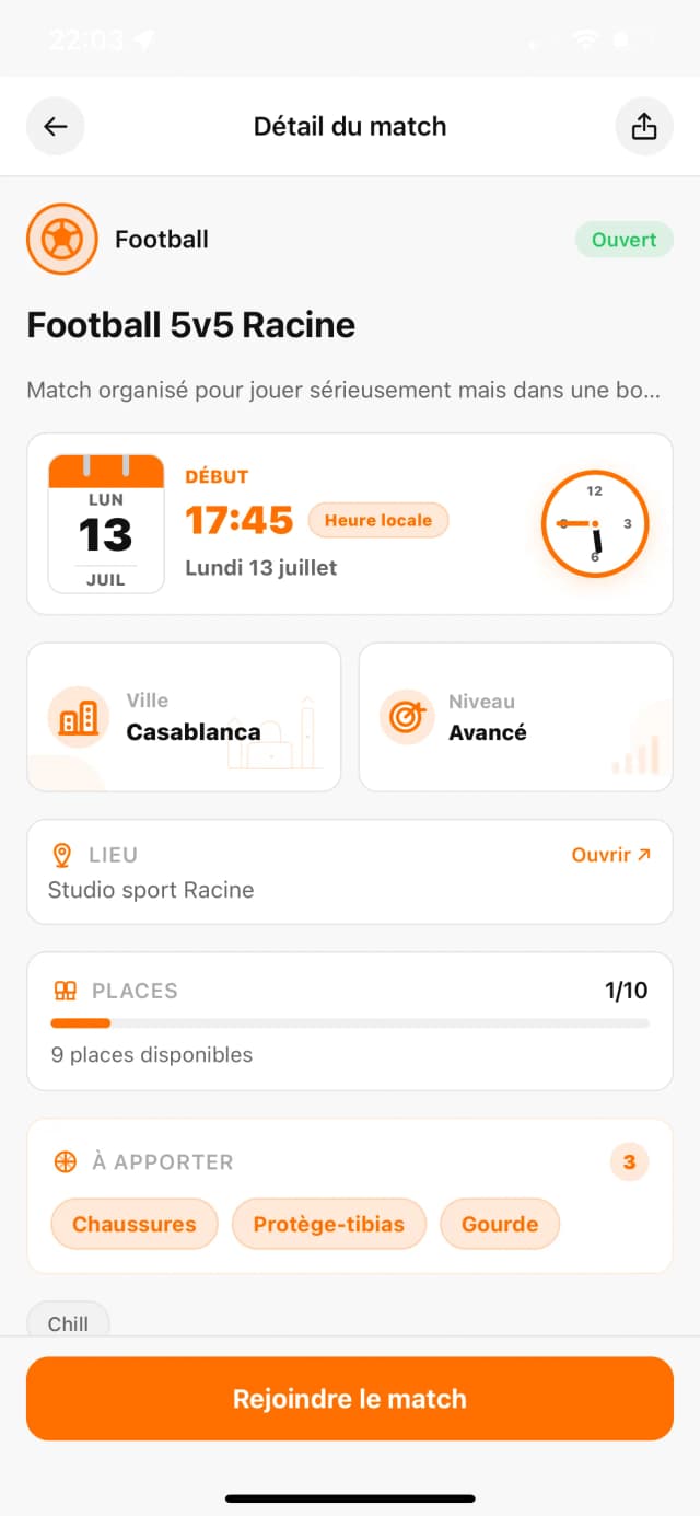 Détail d’un match avec horaire, lieu, niveau et participants