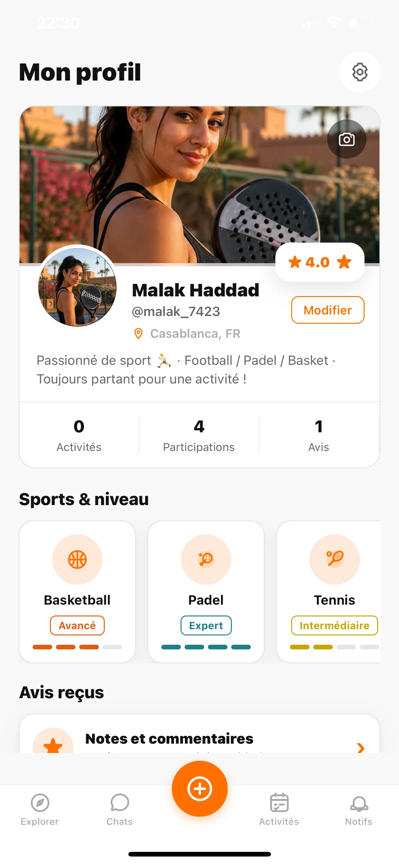 Profil sportif dans l’application YourSportMatcher